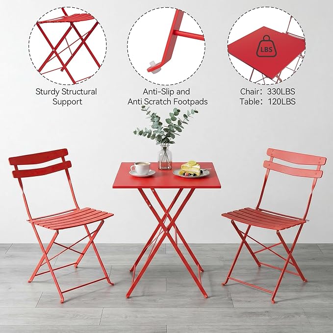 GarveeLife 3 Piece Patio Bistro Set, Folding Patio Bistro Table and Chairs Set