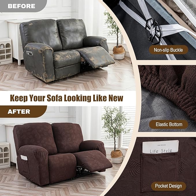 Gennia Recliner Loveseat Cover 4 Pieces, Waterproof Stretch Recliner Sofa