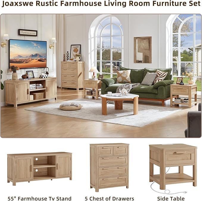Joaxswe Farmhouse 55" Entertainment Center, Natural Oak Tv Stand