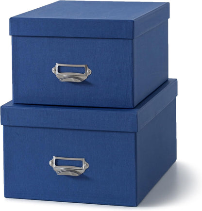Soul & Lane Blue Decorative Cardboard Storage Boxes with Lids, Set of 2 Stacking Keepsake Photo and Memory Boxes for Home & Office, Elegant Paperboard Organizers with Label Holders and Drawer Pulls