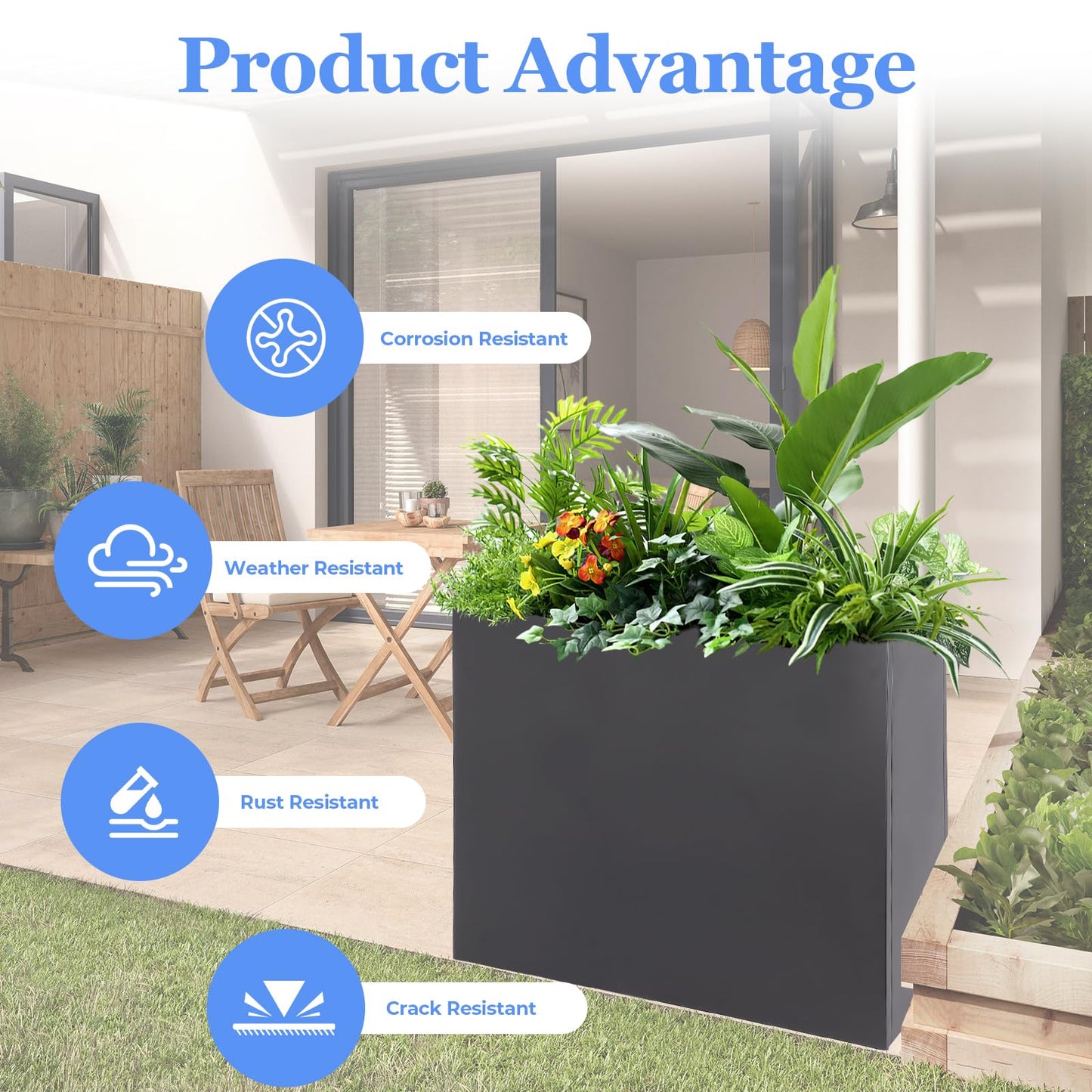 Large Metal Planter Box 32"x 12"x 24" - Modern Rectangular Heavy Duty Black Steel Planter with Drainage Holes for Outdoor Garden, Patio, and Balcony – Rust and Weather Resistant (Grey)