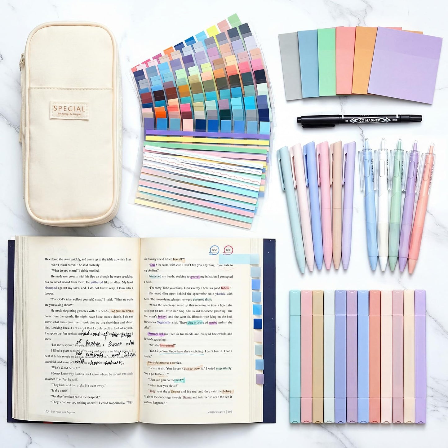 Trandraft 135 Pcs Book Annotation Kit with Pencil Case, 12 Pastel Highlighters, 11 Gel Pens, Fine Marker, 300 Transparent Sticky Notes, 2640 Index Tabs, Bible Study Supplies Kit(Classic,Beige)