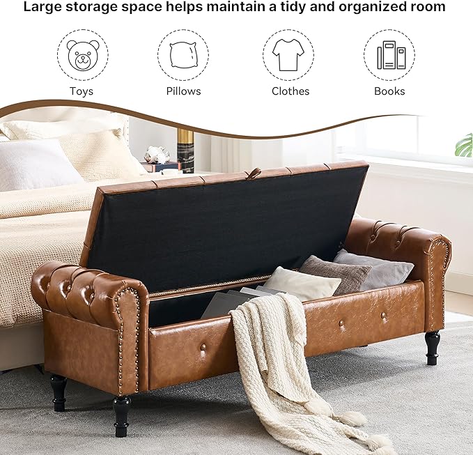 Storage Bench for Bedroom, Faux Leather 67" End of Bed Bench, King Size Bench