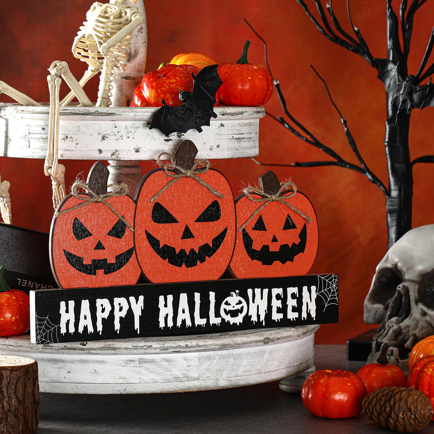 Purpeak Reversible Fall Wooden Table Sign Double Side Halloween and Thanksgiving Tabletop Pumpkin Sign Decor Happy Fall Wood Block Tiered Tray Decor for the Home Shelf Party