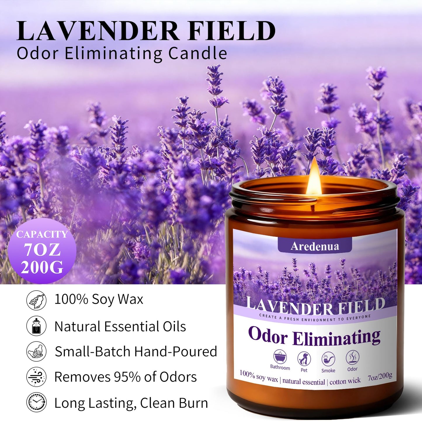 Lavender Odor Eliminating Candles | Eliminates 95% of Pet, Smoke & Bathroom Odors – 7oz Hand Poured Soy Candle - Aromatherapy Stress Relief Scented Candles - Relaxing Gifts for Calm & Fresh Homes