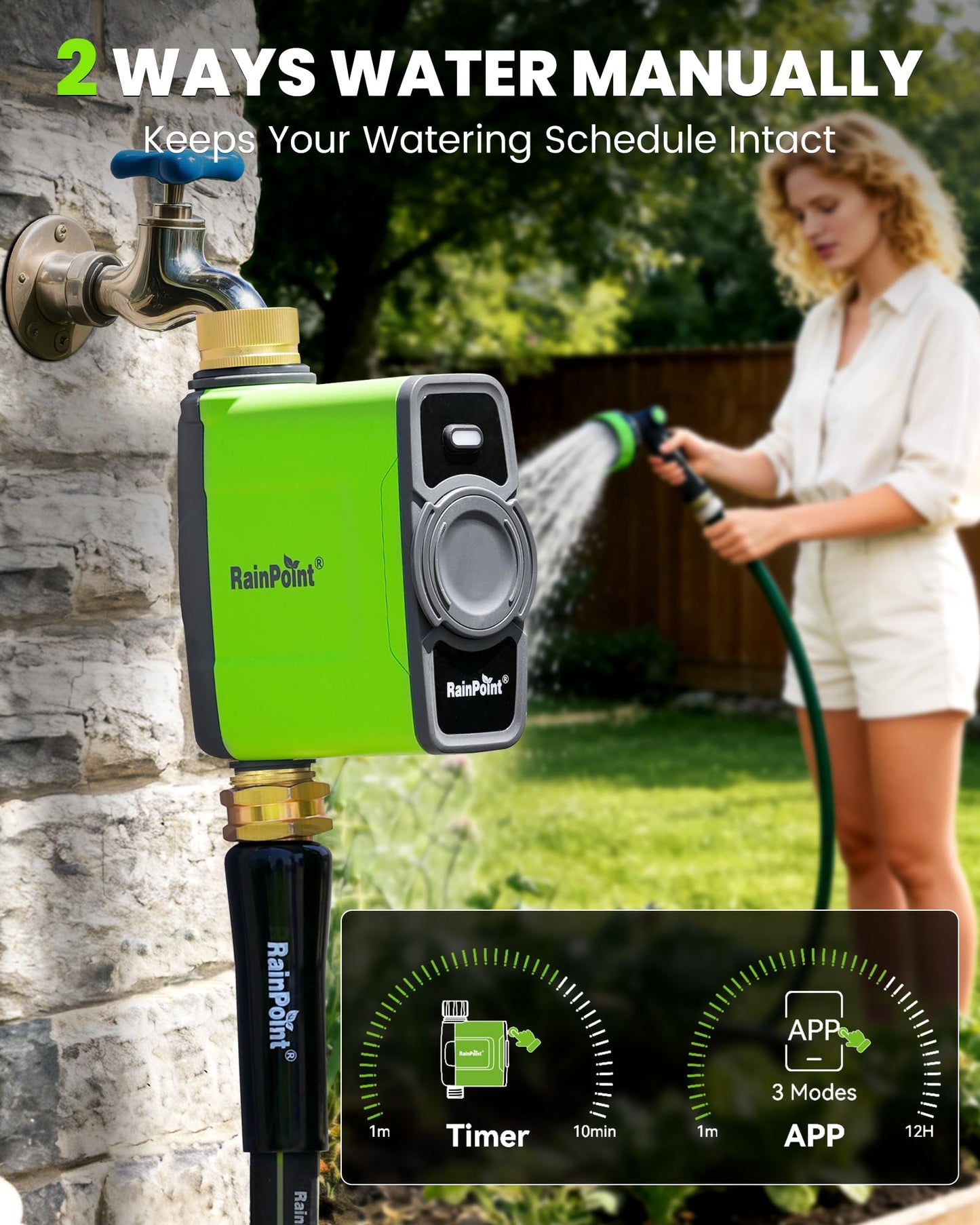 RAINPOINT WiFi Water Timer for Garden Hose, WiFi Sprinkler Controller, Smart Hose Timer Valve, Automatic Drip Irrigation System/Rain Delay for Garden/Lawn/Yard (Brass Inlet & Outlet, No Gateway)