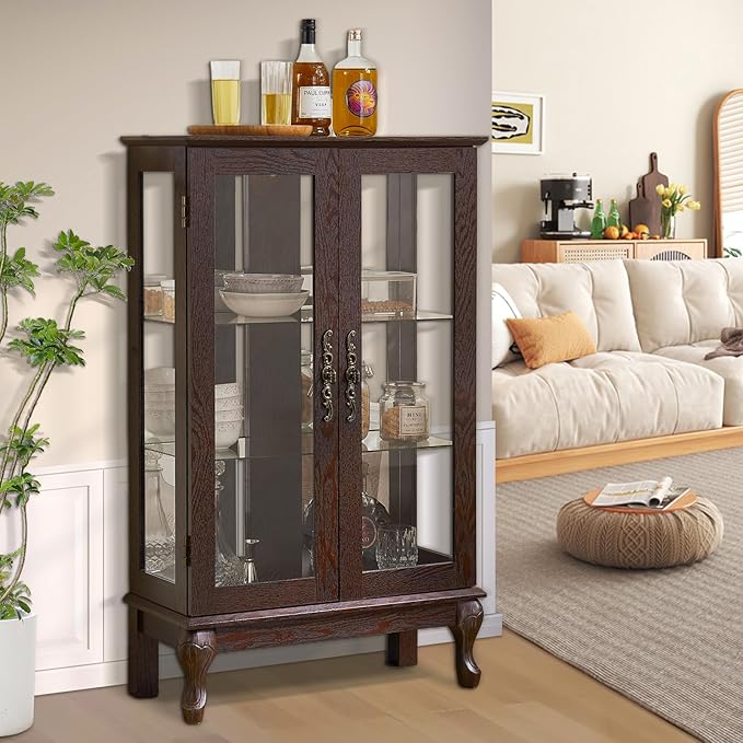 Curio Cabinet with Lighted Display, Glass Display with Mirrored Back, Vintage