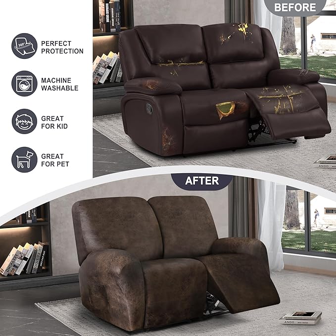 ANARACHON Leather Look Loveseat Recliner Cover, 6-Pieces Stretch Dual Recliner