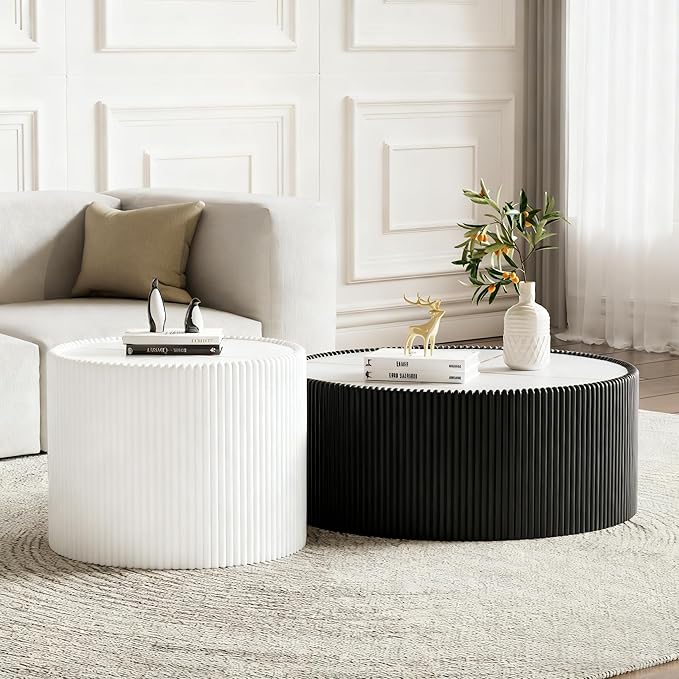 SSLine Round Drum Coffee Table Set of 2 Modern Sintered Stone Top Nesting