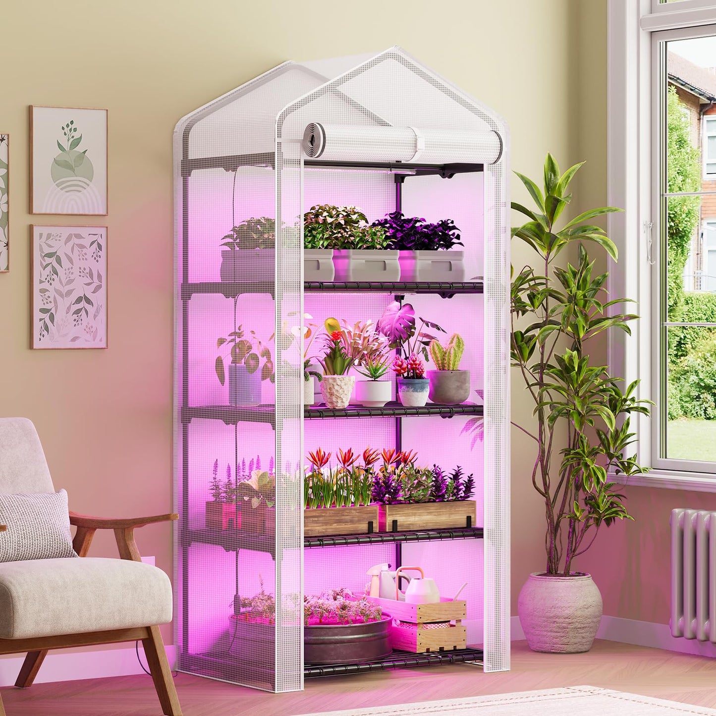 Superlele Mini Greenhouse with Grow Light, 4 Tier Greenhouse for Indoor Outdoor, 27"x19"x62" Portable Plant Green House with 4pcs LED Grow Light, Grow Tent for Seedlings, Flowers & Herbs, White