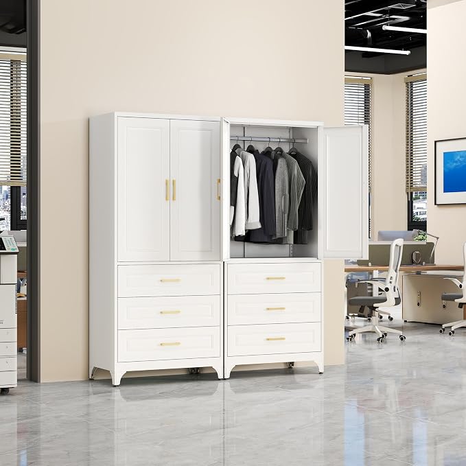 SteeLoong 71" Metal Armoire Wardrobe Closet with 3 Drawer，Tall Clothing Storage Cabinet with Adjustable Shelves and Hanging Rod,White Wardrobe Closet for Bedroom,Home,Office,Gym