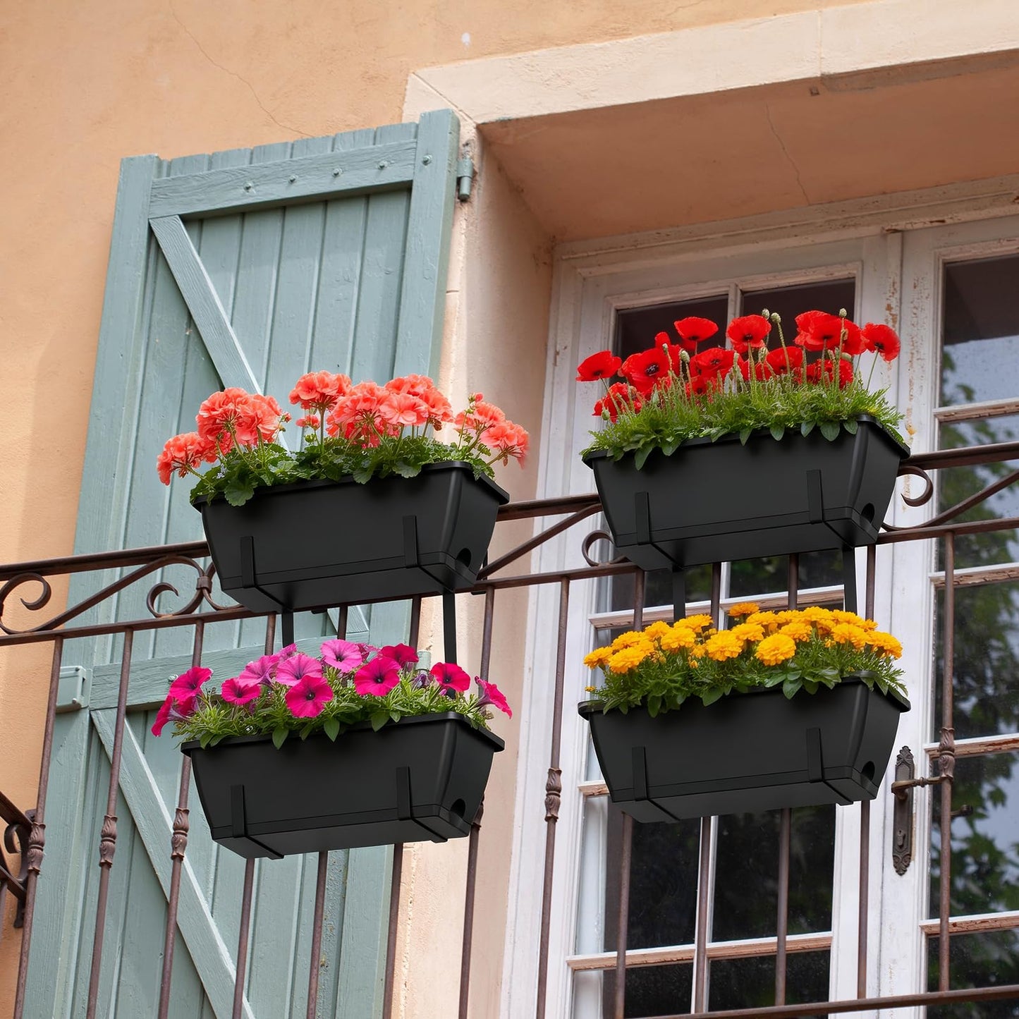 FANSXIVITA Rectangle Planters Box, 4 Pack Deck Hanging Planters for Railings, Window Box Planter with Drainage Holes & Trays, 16.9 Inch Balcony Planters Railing Hanging with Metal Brackets, Black