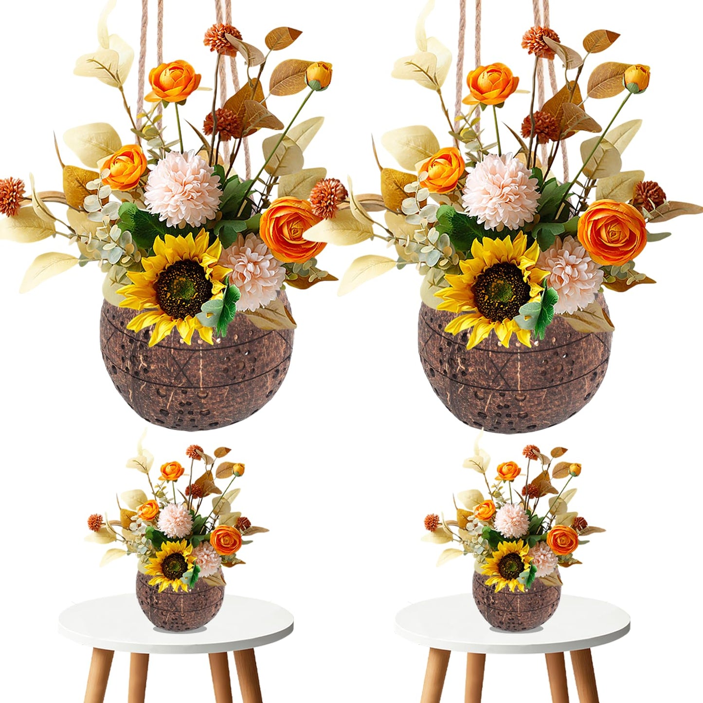 AuroraTurn 4 PCS Handmade Coconut Planters for Centerpieces, Coconut Flower Vase Rustic Planter Pots for Garden Party Wedding Window Home Farmhouse Christmas Table Decor