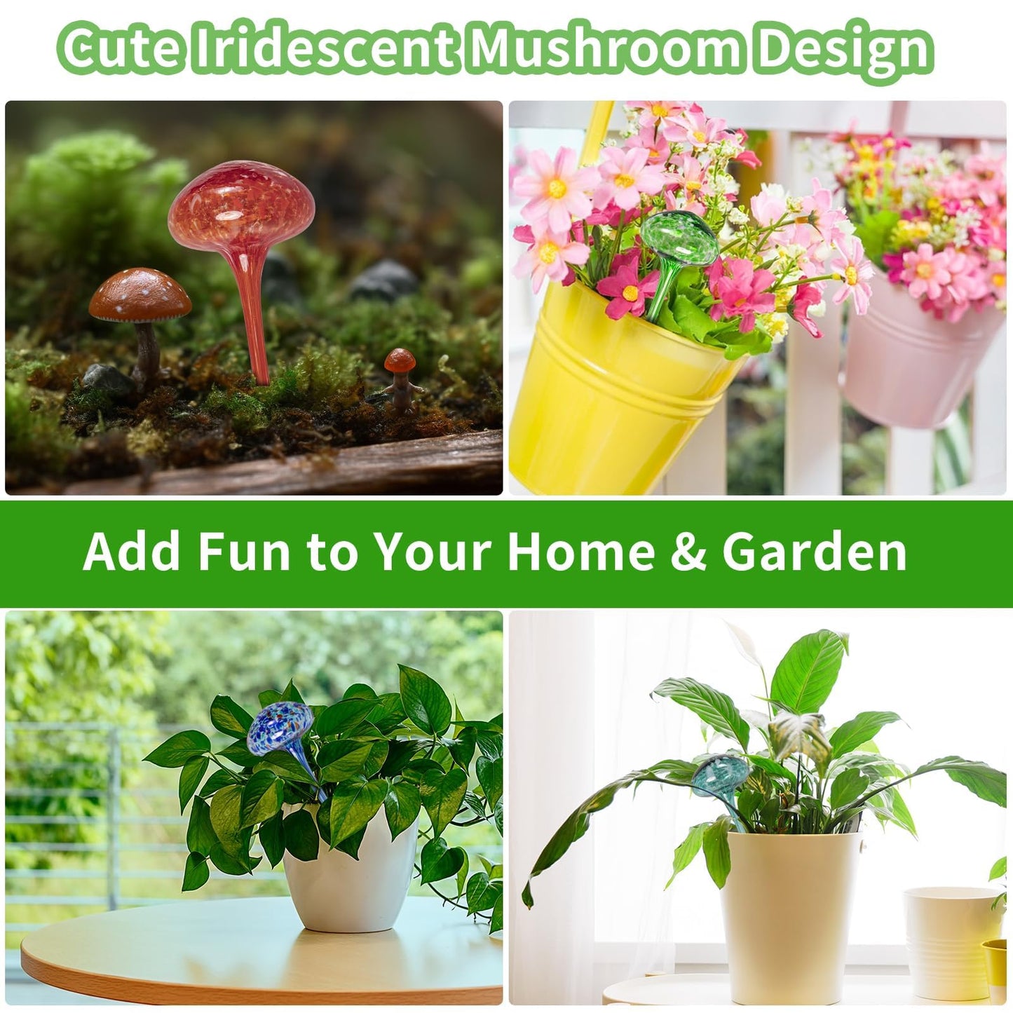 Plant Watering Globes 8"L x 3.5"D, 4Pcs Large Self Watering Planter Insert Glass Plant Watering Devices for Indoor Outdoor Plants, Mushroom Automatic Plant Waterer Watering Spikes Bulbs+Funnel &Shovel