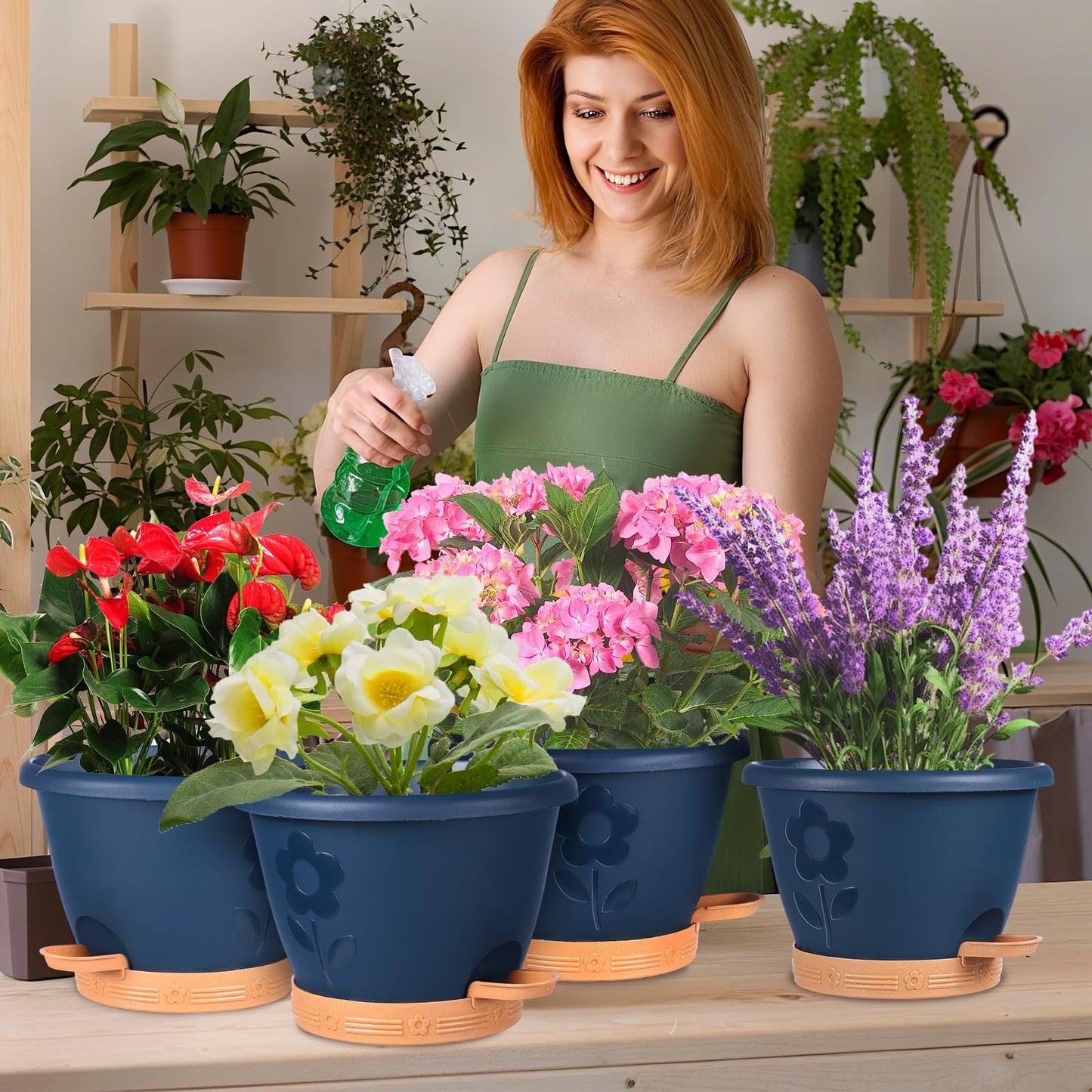 gegemaoyi Plastic Plant Pots 10 Inch Set of 4, Self Watering Pots with Drainage Holes, Saucer & Reservoir, Flower Pots for Indoor/Outdoor Plants, Decorative Nursery Planting Pots (Blue)