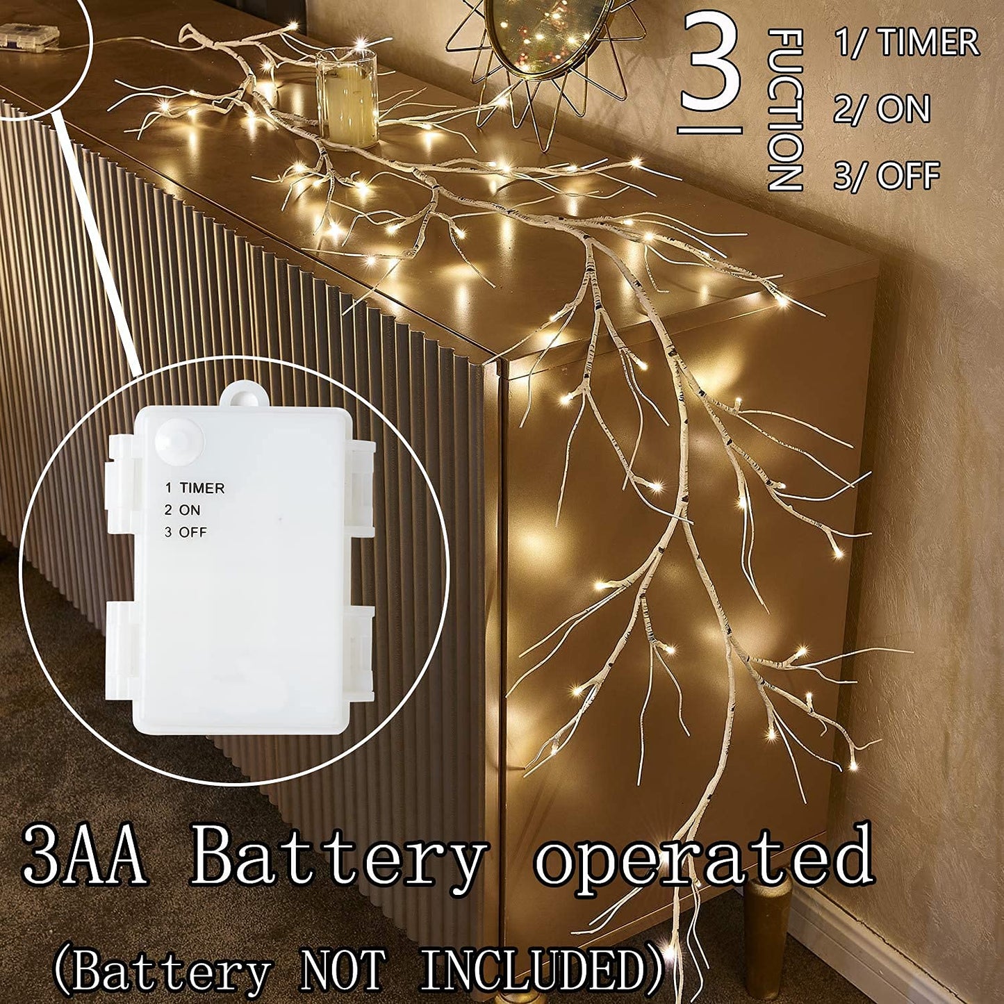 Fudios Lighted Birch Garland with Timer 48 LED Fairy Lights 6ft Battery Operated for Mantle Decor, Lit Christmas White Twig Garland Winter Home Wall Decoration Indoor Outdoor Use 1 Set
