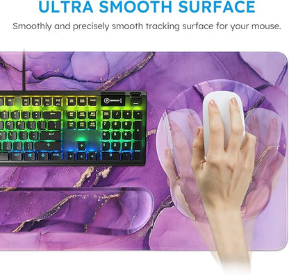 iCasso Purple Ergonomic Large Mouse Pad with Wrist Support, 4in1 XXL Desk Mat Set- Keyboard Wrist Rest + Mouse Wrist Rest + Coaster, Marble Style Desk Pad Mousepad