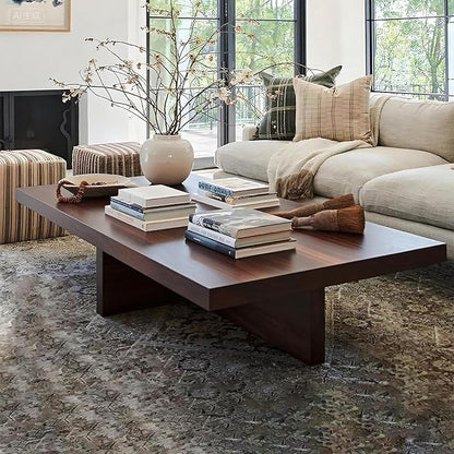 Solid Wood Square Coffee Table 2 Inch Thick Farmhouse Low Minimalist Center Table for Living Room Office