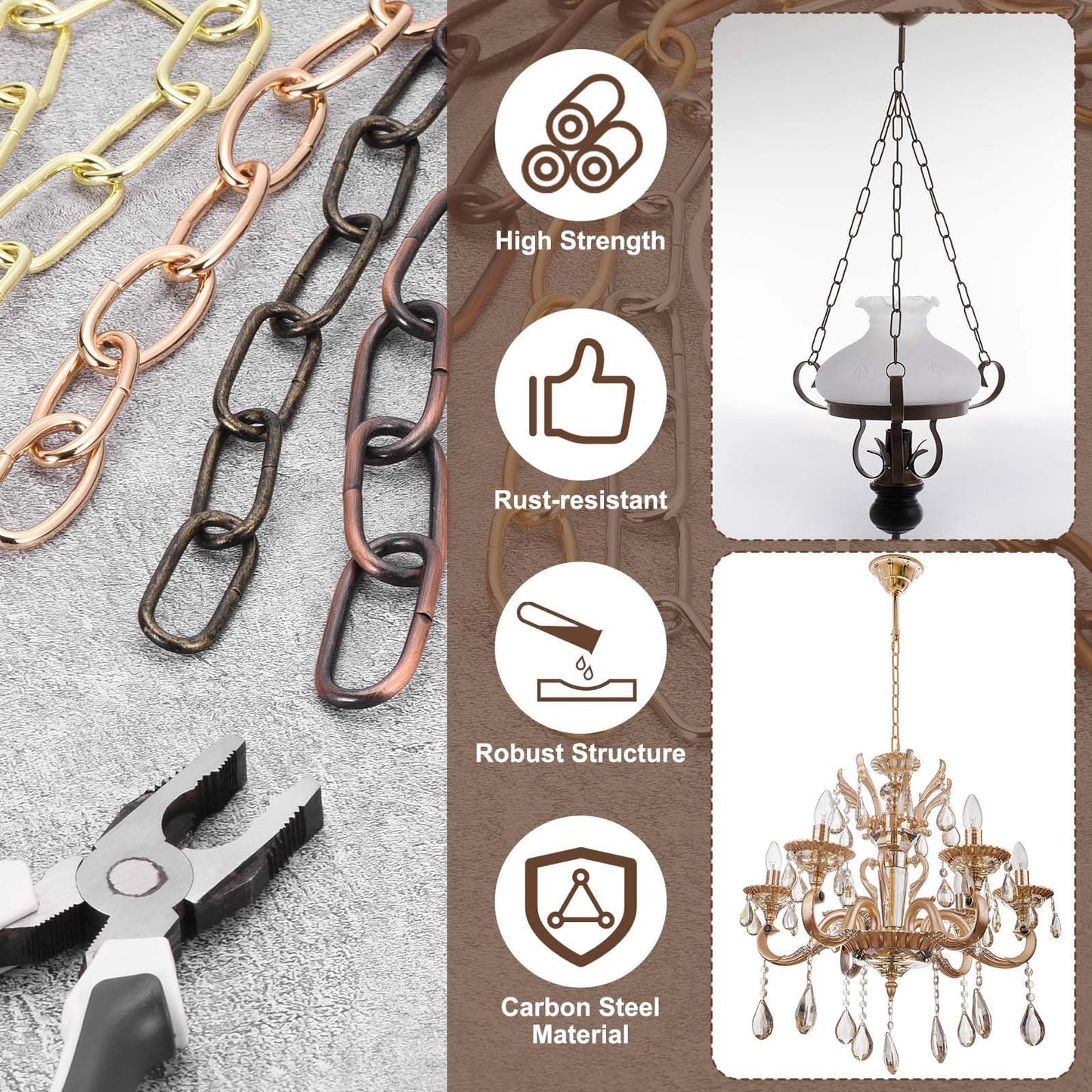 uxcell 6ft Lighting Hanging Chain, 3mm/0.12" Looping Metal Pendant Chandelier Chain Extension with 2 Quick Link Lock for Hanging Plant Pendant Chandelier Light Fixture, Gold Bronze
