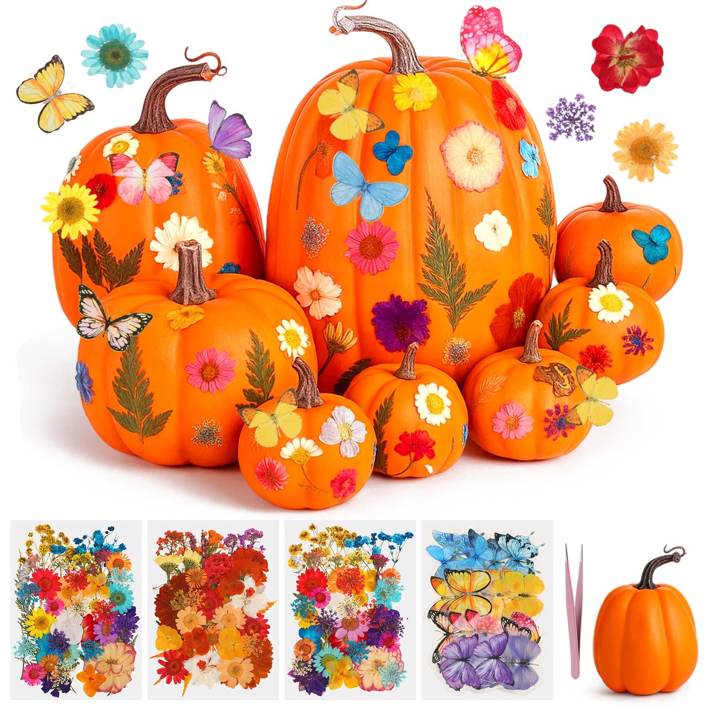 Canlierr 8 Pcs Artificial Pumpkins Fall Decor with 150 Pcs Dried Flower Butterfly Stickers & 1 Handy Tweezer DIY Craft Pumpkin for Thanksgiving Table Centerpiece Mantel Shelf (Orange)