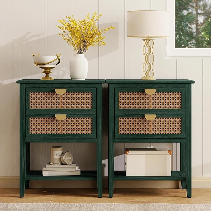 22" Green Coffee Side Tables, Boho Accent Storage Cabinets