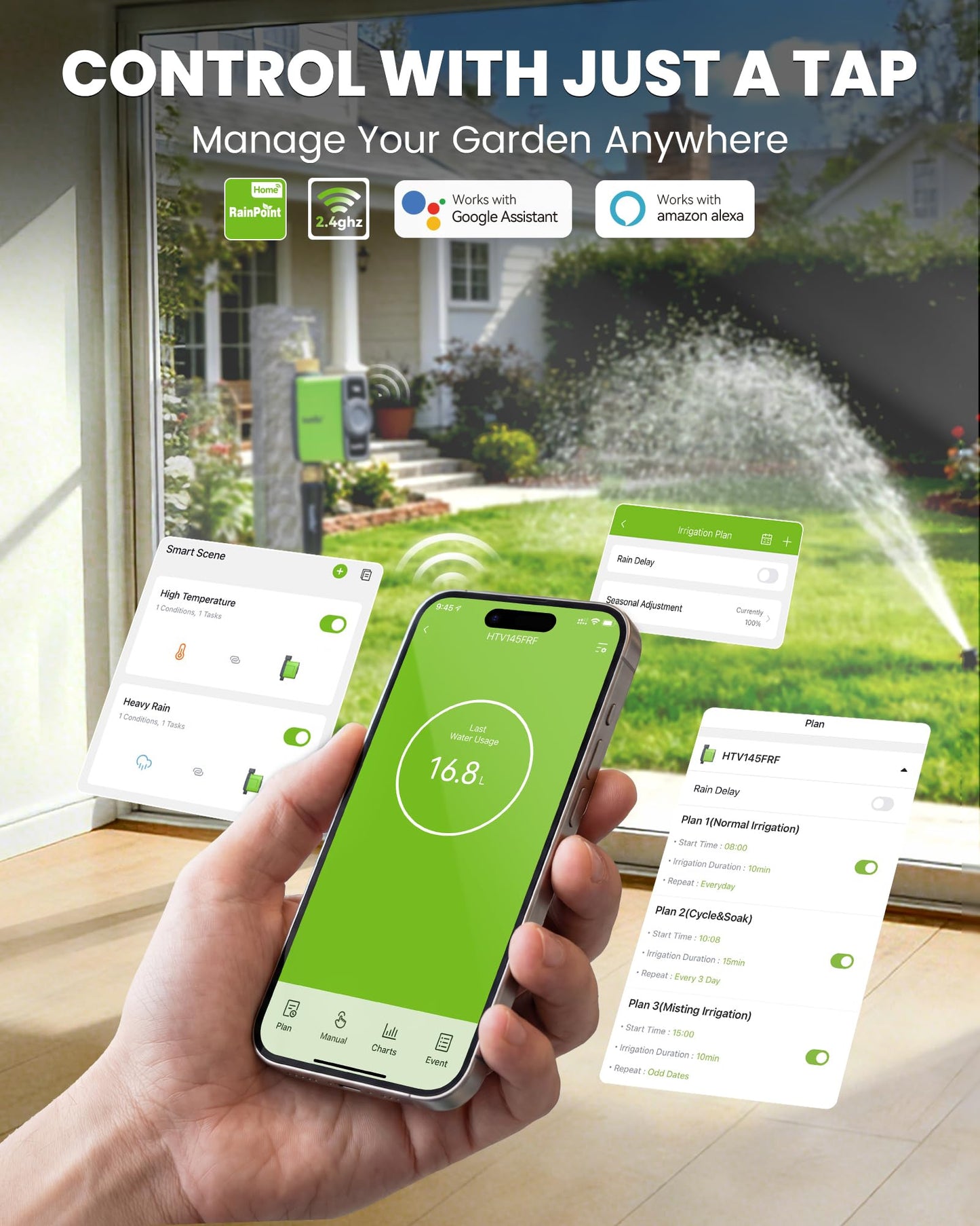 RAINPOINT WiFi Water Timer for Garden Hose, WiFi Sprinkler Controller, Smart Hose Timer Valve, Automatic Drip Irrigation System/Rain Delay for Garden/Lawn/Yard (Brass Inlet & Outlet, No Gateway)