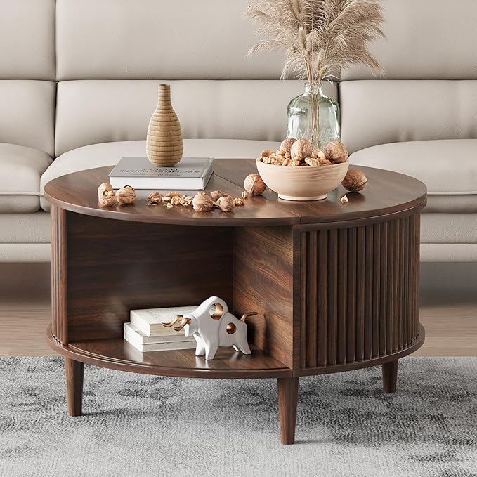 Round Coffee Table with Storage, Fluted Lift Top Coffee Table