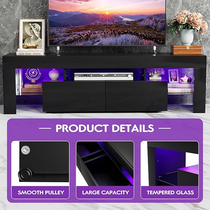 JUMMICO TV Stand, Modern Lighting TV Cabinet Entertainment Center Media and