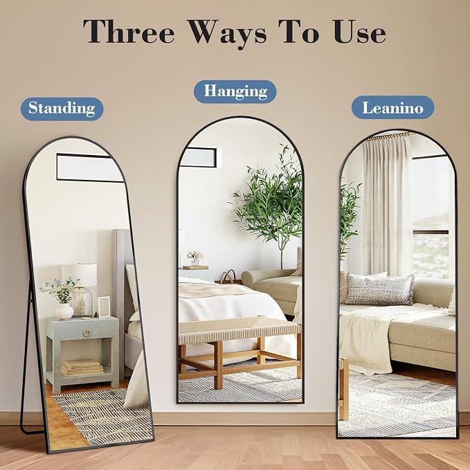 NEWBULIG Arched Mirror Full Length, 58"x19" Body Wall Mirrors with Shatter-Proof Glass, Upgraded Floor Standing Mirror, Hanging or Leaning, with Stand Aluminum Alloy Frame for Home Decor, Black