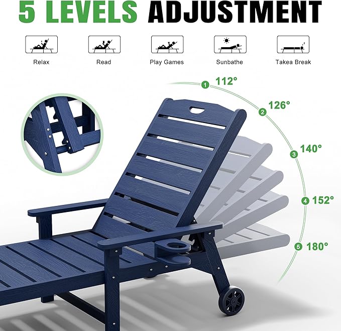 Outdoor Lounge Chair with 5-Position Adjustable, Outside Lounge Chair with Cup