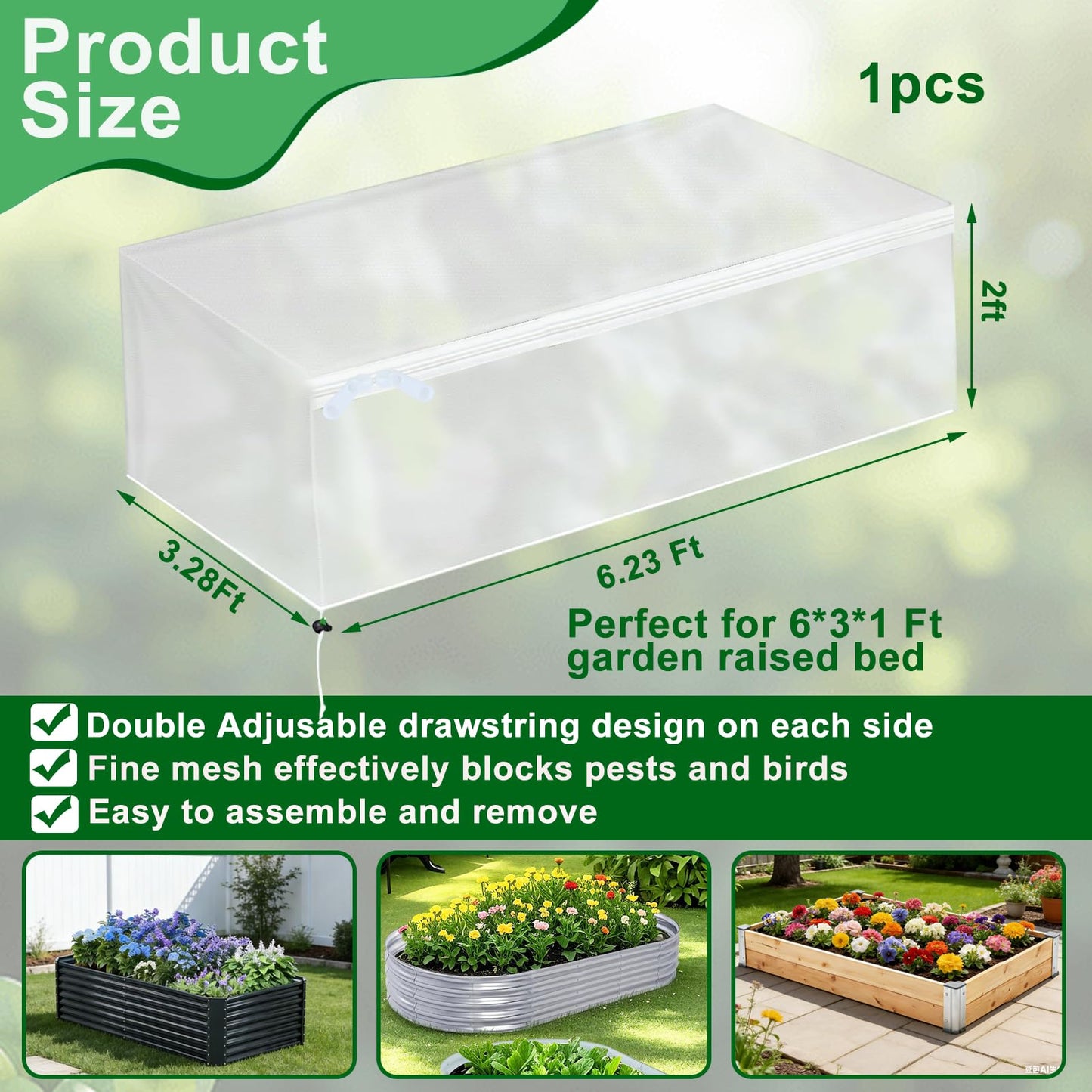 1 Pack Garden Netting for Raised Beds, Fine Mesh Bird Netting Barrier Screen with Zipper Drawstring Garden Bed Plant Cover for Protect Vegetable Fruits Crop from Animals Pest Insect, 6.3×3.3×2Ft