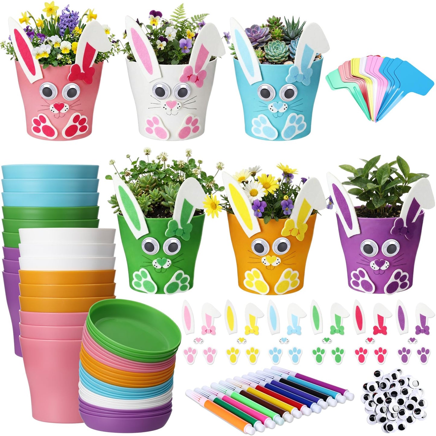 Ferrochef 24 Set Easter Bunny DIY Flower Pots Crafts Bulk Bunny Plant Cute Crafts Pot Graduation Party Favors Spring Decorative Garden Pots DIY Painting Kit Creative Art Project