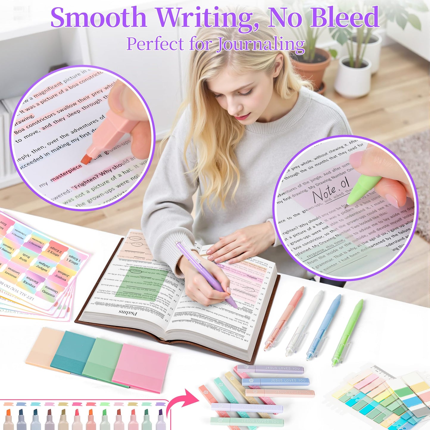 Bible Study Supplies Journaling Kit for Women,Bible Study Kit with Highlighters No Bleed,Journal Notebook Tabs Large Pencil Case, Accessories Set for Women Teens Beginner, Christian Gifts (purple)