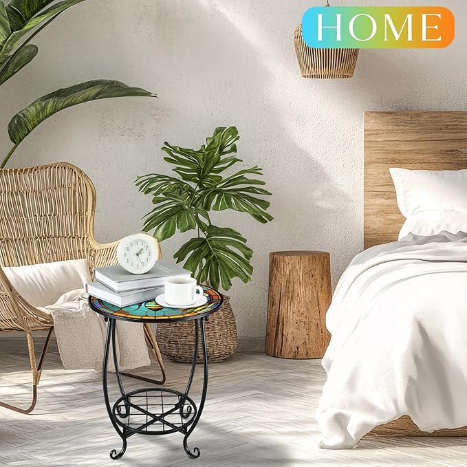 Cinnvoice Outdoor Side Table Round Small Mosaic Patio Accent Indoor End Plant