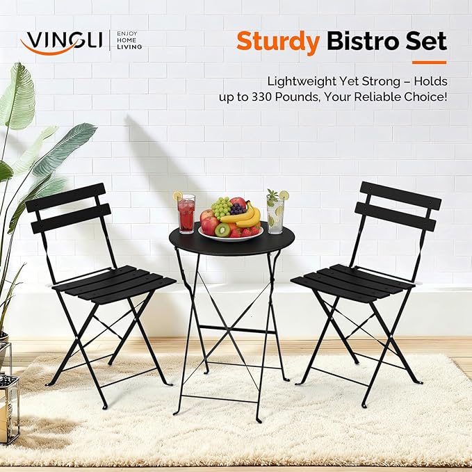 VINGLI Outdoor Folding Bistro Table and Chairs Set of 2, 3-Piece Bistro Set