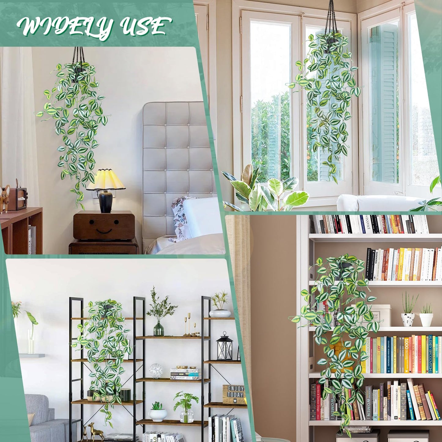 LOYWREE 2 Pack Fake Hanging Plants - Small Potted Plants with Green Eyebrow-Leaf Trailing Vines, Indoor Outdoor Aesthetic Decor for Office, Living Room Shelf & Home Accent (Black Pot)