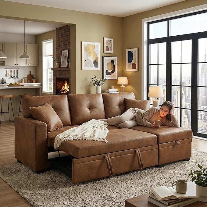 L Shaped Sectional Couch with Storage and Pull Out Bed, 3 Seater Sleeper Sofas