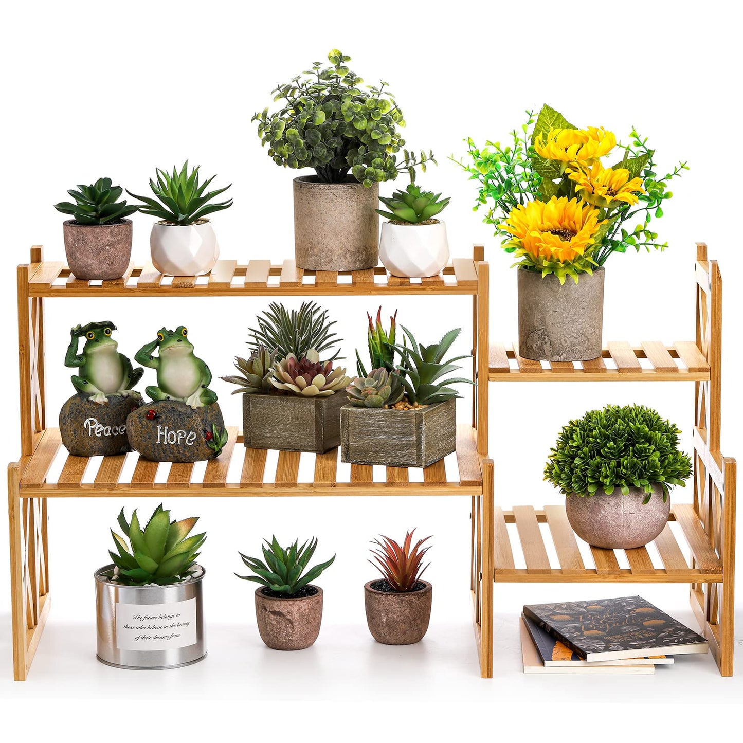 Lawei 2 Tier Bamboo Tabletop Plant Stand, Adjustable Flower Pot Holder Shelf Planter Display Stand, Small Desktop Ladder Plant Rack for Indoor Outdoor Home Patio Lawn Garden Balcony Organizer