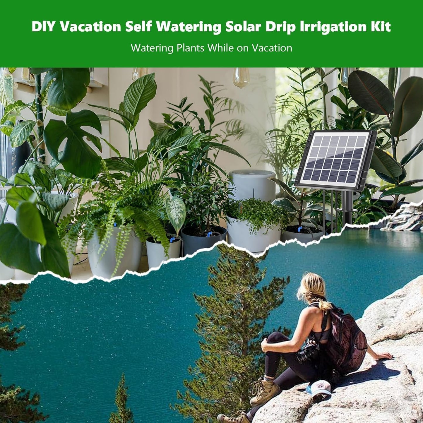 HEKIWAY 82FT Solar Drip Irrigation System, Auto Watering Kit for 30 Pots, Solar-Powered Plant Watering, 25 Timer Modes, 900ml/min Flow Indoor/Outdoor Garden, Balcony & Patio Irrigation System