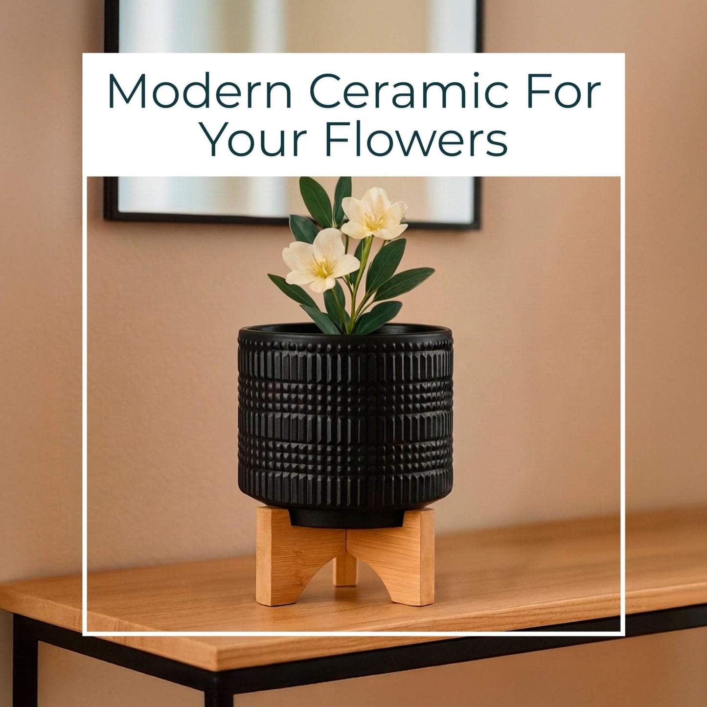 Ceramic Planter With Bamboo Stand – Plant Stand Indoor For Tabletop Display, Living Room, Bedroom, Or Office Shelf, Modern Black Planter Home Decor Accent – 5.5", Black