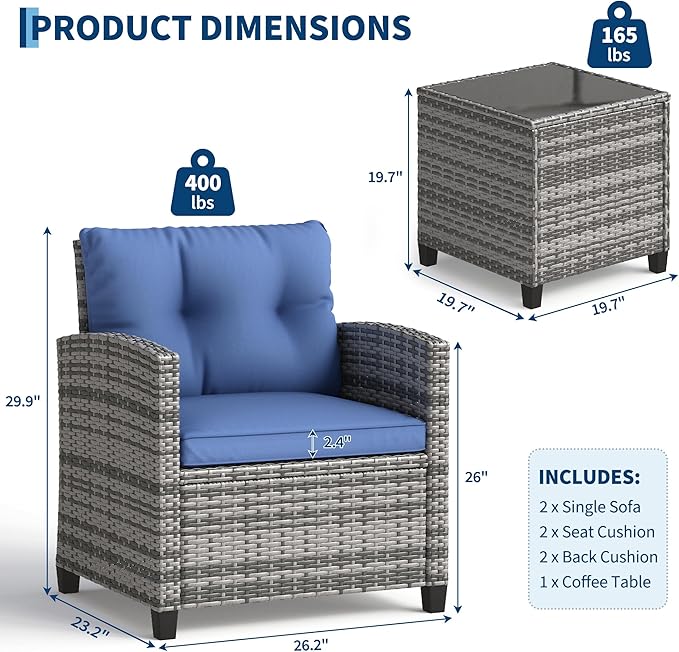Garvee Outdoor Wicker Chairs, 3 Pieces Patio Furniture Set, All Weather High