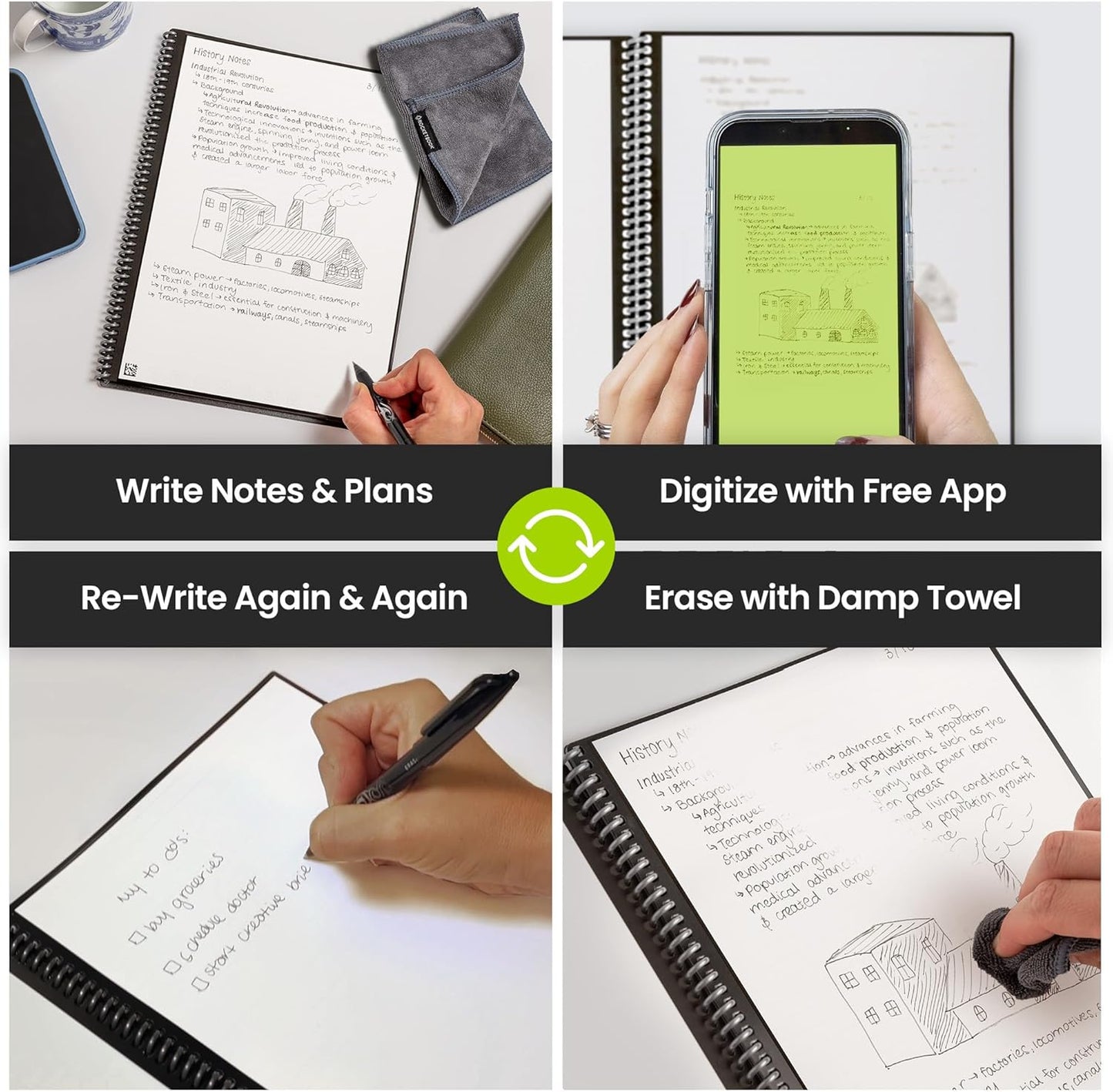 Rocketbook Fusion Reusable Undated Productivity Planner, Executive Size 6x8.8, Gray - Goals, Monthly and Weekly Calendar, Daily To-do List, Lined and Dotted Notes Pages