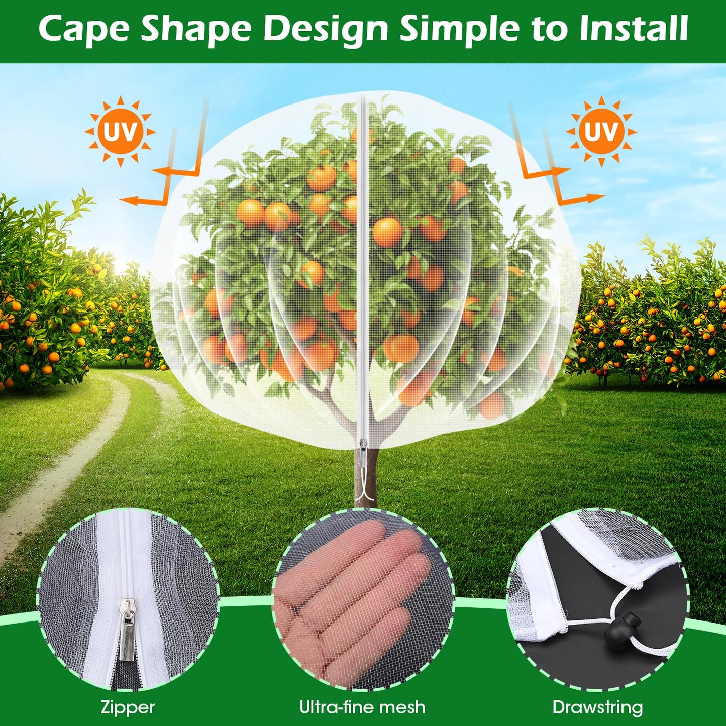 10'x10' Fruit Tree Netting Cover with Zipper and Drawstring, Ultra-Fine Mesh Garden Plant Insect Pest Net Barrier Protection Covers to Prevent Squirrel Bird Deer Cicadas Bag for Blueberry Tomato-2pcs