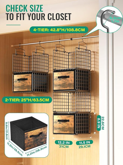 Hanging Closet Organizer with Drawers, 4 Tier Metal Closet Organizers and Storage with 4 Hanging Hooks 4 S-Hooks for Wardrobe Laundry Room, Wire Storage Shelf for Clothes Sweaters Pants (Black)