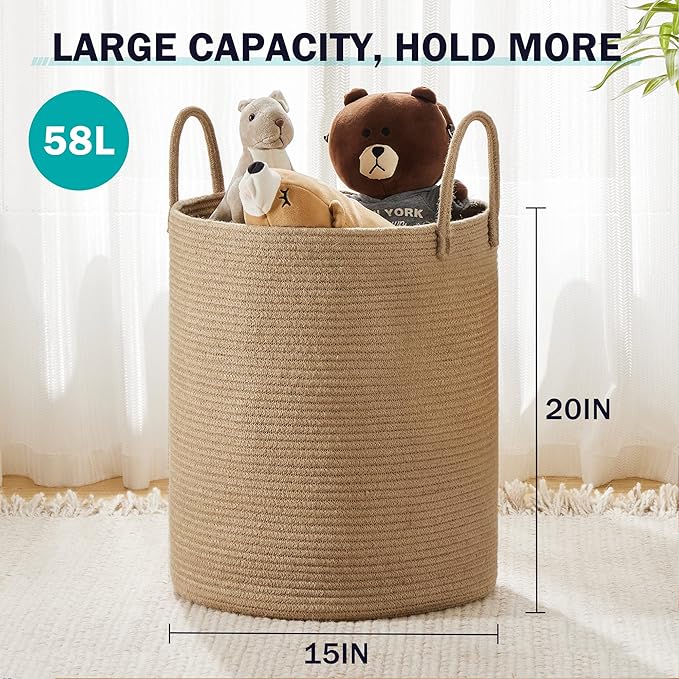 Jute Rope Laundry Hamper Basket by YOUDENOVA, 58L Tall Laundry Basket, Baby