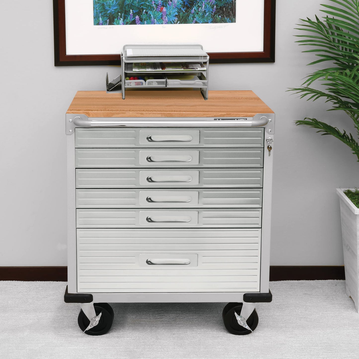 Seville Classics UltraHD Heavy Duty Rolling Cabinet Workbench Table w/Solid Wood Top, Workstation for Garage, Office, Workshop, Granite, 6-Drawer (28" W x 18" D