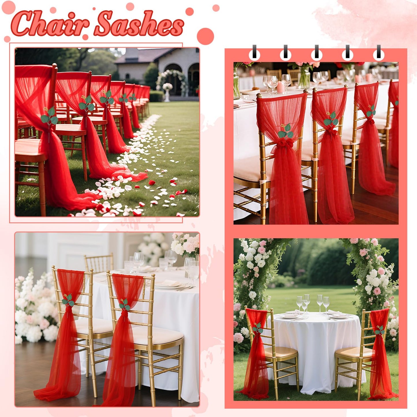 FUHSY Wedding Chair Sashes Upgraded 24 Pack 8FT Long Red Sashes for Chair Covers Aisle Decorations for Wedding Ceremony Sheer Chiffon Chairs Bows for Party Event Banquet Prom Decor