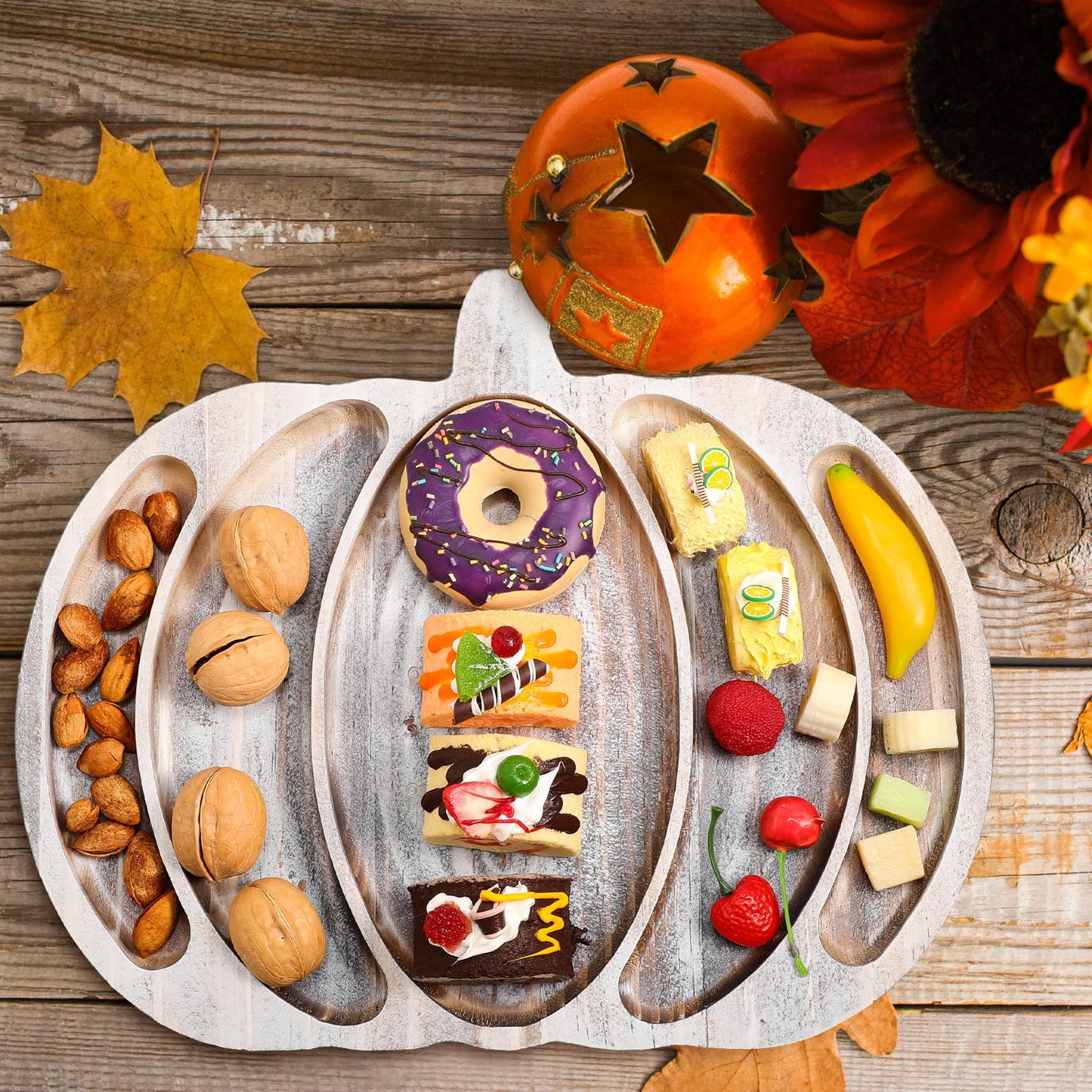 Sliner Fall Pumpkin Wooden Serving Dish Platter Thanksgiving 15" L x 12" W Pumpkin Shaped Charcuterie Board Snack Wood Cutting Board Sectional Dish Plate for Home Gifts(Grey White)