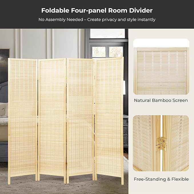 Roundhill Furniture Inkwell 4-Panel Bamboo Room Divider, Folding Portable