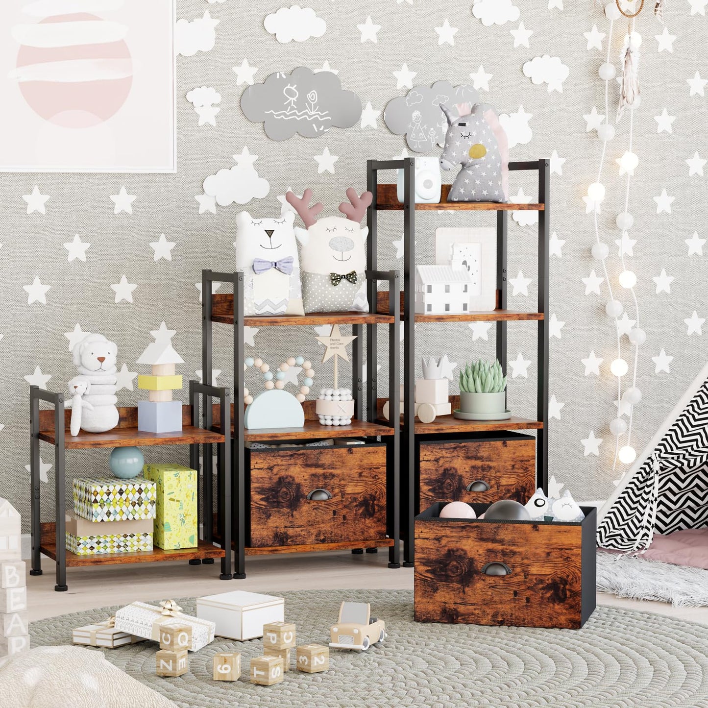 Furologee 4 Tier Bookshelf with Drawer, Tall Bookcase with Shelves, Narrow Bookshelves Storage Organizer, Wood and Metal Display Standing Shelf Unit for Bedroom, Living Room, Rustic Brown